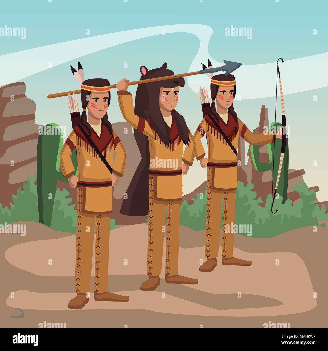 American Indian warriors presso il Village Illustrazione Vettoriale