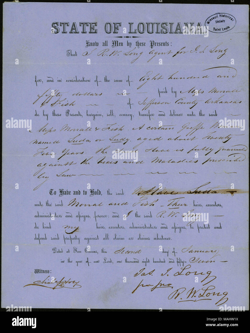 Venduto da James I. [o J.] Lungo di Morrall e pesci di Jefferson county, Arkansas. Titolo: atto di vendita di un 25-anno-vecchio schiavo di nome Luda o Ludy per $850, 2 gennaio 1857 . Il 2 gennaio 1857. Lungo, James Foto Stock