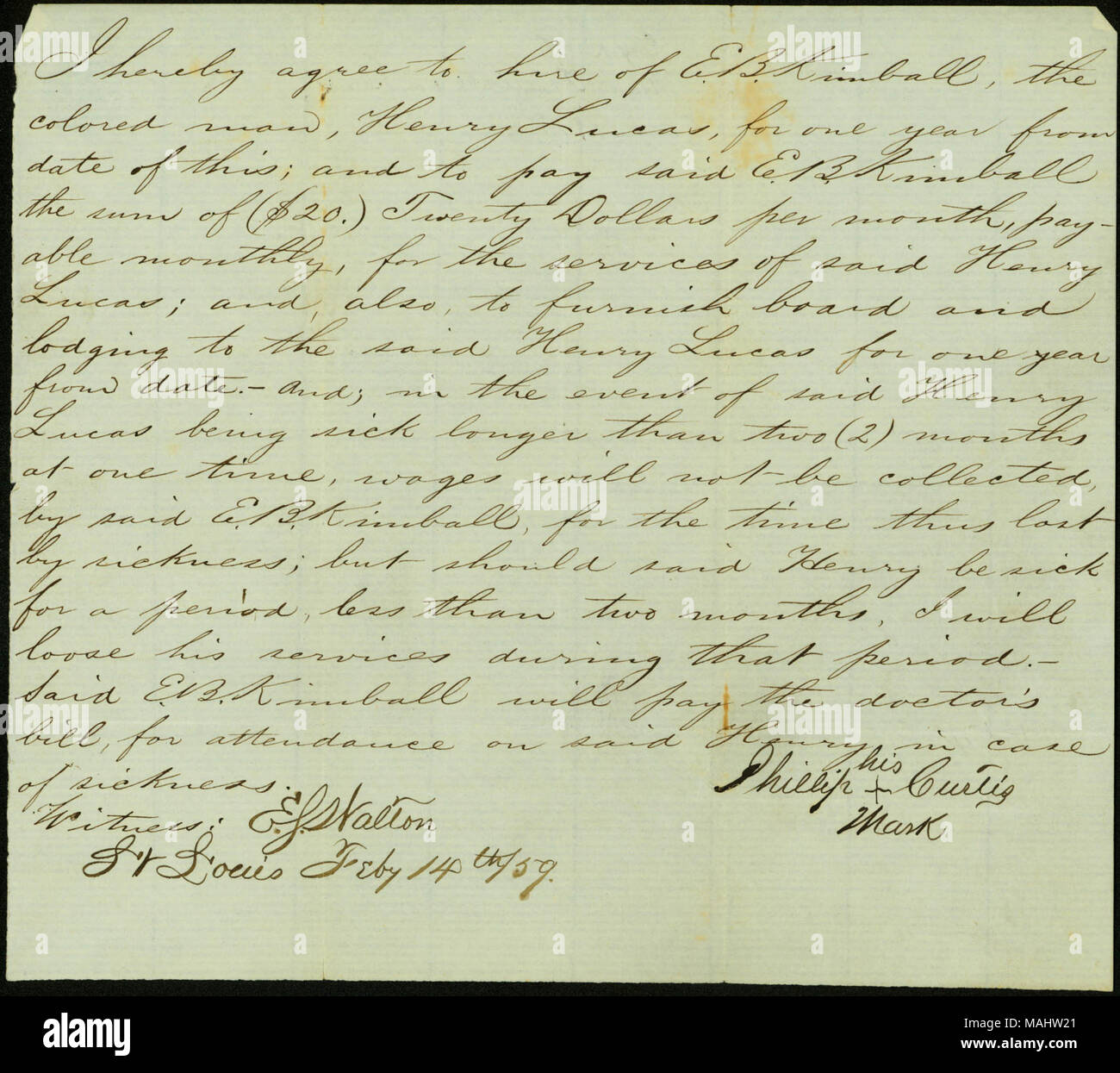 Conviene noleggiare un uomo di colore di nome Henry Lucas da E. B. Kimball per un anno. La testimonianza, E. J. Walton. Titolo: documento firmato Phillip Curtis [firmato con il suo segno X], 14 febbraio 1859 . Il 14 febbraio 1859. Curtis, Phillip Foto Stock