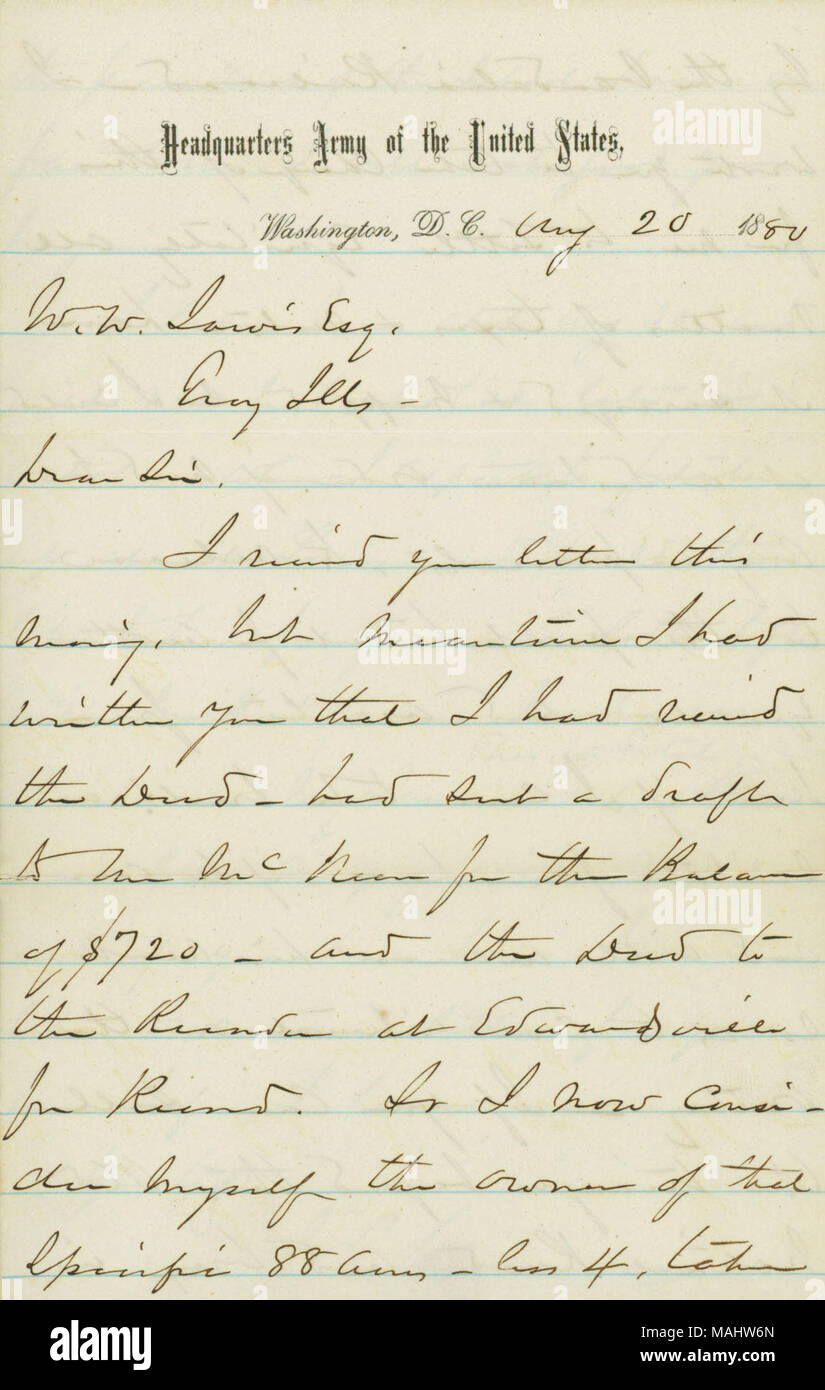 Per quanto riguarda le vendite di immobili in connessione a Sherman la proprietà in Sherman Park [Illinois]. Titolo: lettera firmata W.T. Sherman, Washington D.C., W.W. Jarvis, Troy, Illinois, Agosto 20, 1880 . Il 20 agosto 1880. Sherman, William T. (William Tecumseh), 1820-1891 Foto Stock
