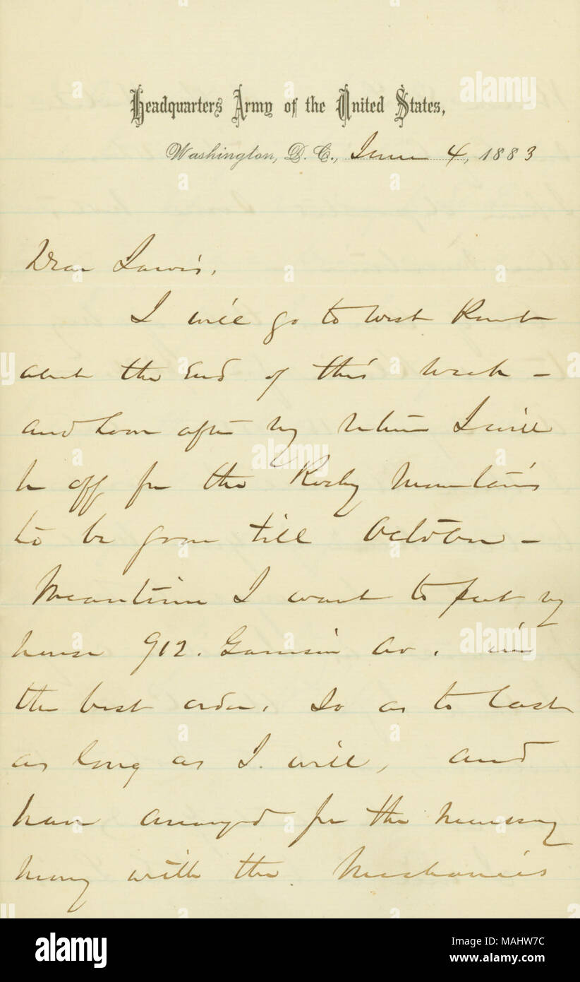 Esprime il suo desiderio di mettere il suo san Luigi immobiliare di aziende in ordine, e fornisce i dettagli. Titolo: lettera firmata W.T. Sherman, sede esercito degli Stati Uniti di Washington, D.C., a [W.W.] Jarvis, Giugno 4, 1883 . Il 4 giugno 1883. Sherman, William T. (William Tecumseh), 1820-1891 Foto Stock