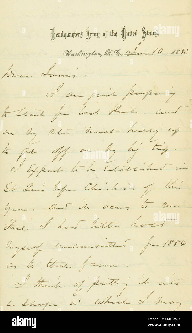 Membri che egli si aspetta di essere stabilito in san Luigi di Natale di quello stesso anno. Titolo: lettera firmata W.T. Sherman, sede esercito degli Stati Uniti di Washington, D.C., a [W.W.] Jarvis, 10 giugno 1883 . Il 10 giugno 1883. Sherman, William T. (William Tecumseh), 1820-1891 Foto Stock