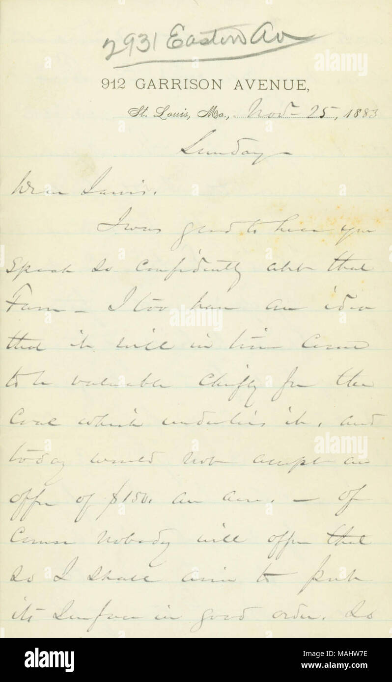 Membri che egli è soddisfatto in quanto al valore della sua proprietà farm in Illinois. Titolo: lettera firmata W.T. Sherman, 912 Garrison Avenue, St. Louis, Missouri, a [W.W.] Jarvis, Novembre 25, 1883 . Il 25 novembre 1883. Sherman, William T. (William Tecumseh), 1820-1891 Foto Stock