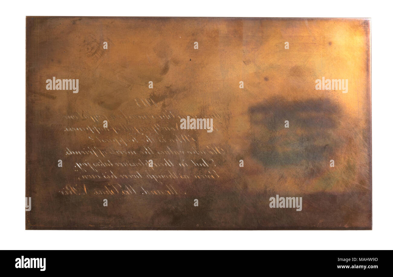 Rame inciso la lastra di stampa di auguri dal Sig. e Sig.ra Chas N. Rix. Questa piastra è stata fatta da Mathias J. Horn nel 1913 mentre ha lavorato per la Stephens Lithographing e incisione Company, St. Louis company. Questo oggetto è accompagnato da una busta con un esempio di testo sulla piastra. Titolo: Metallo inciso la lastra di stampa e la busta di auguri dal Sig. e Sig.ra Chas N. RIX . 1913. Foto Stock