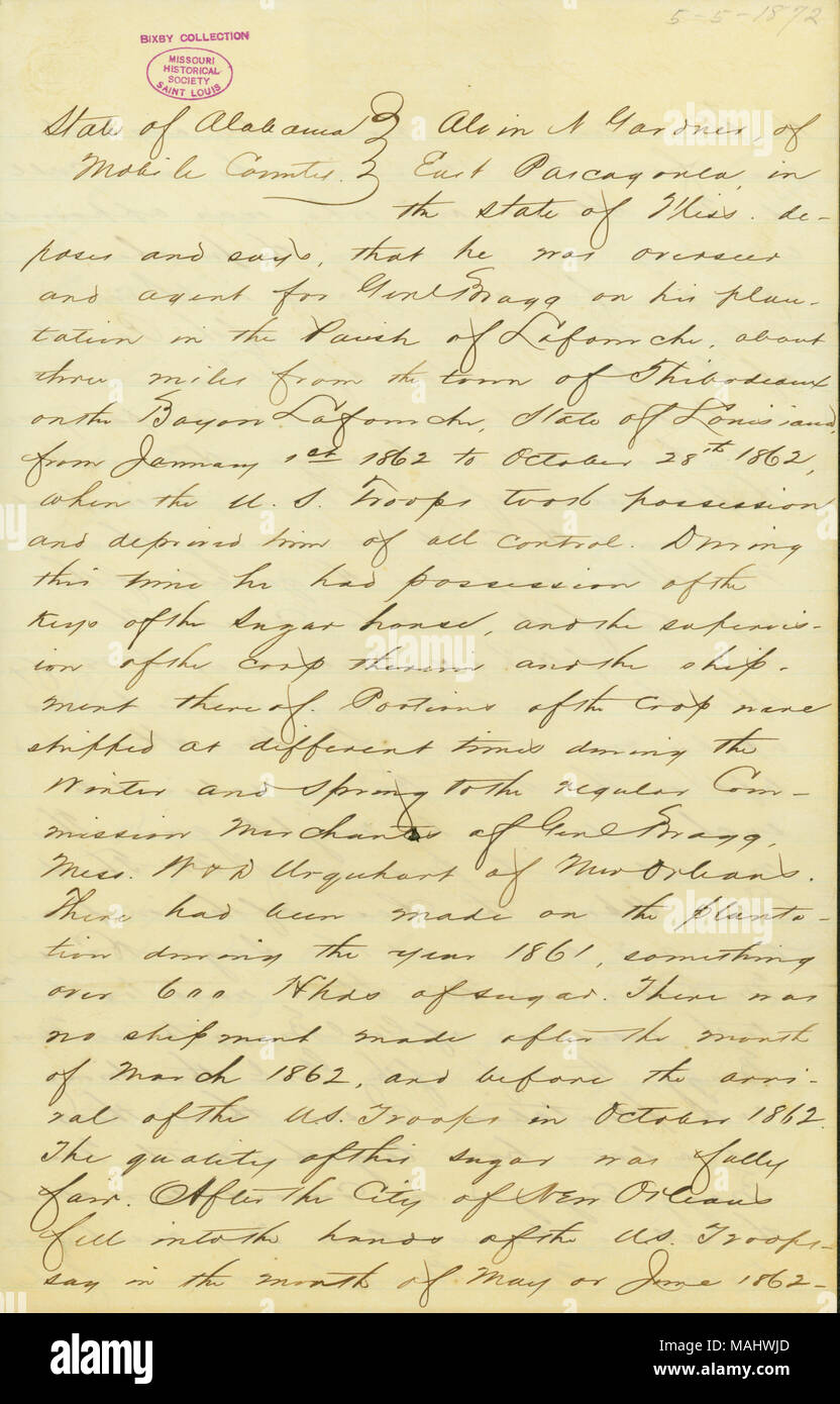 Per quanto riguarda Braxton Bragg Greenwood Plantation. Include il ritaglio di giornale. Titolo: Deposizione firmato Alvan N. Gardner e Henry San Paolo, Mobile, Alabama, 5 maggio 1872 . Il 5 maggio 1872. Gardner, Alvan N. Foto Stock