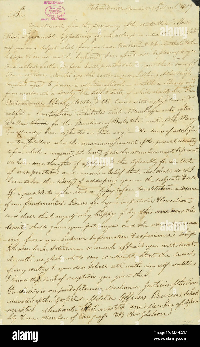 Relativa alla costituzione di una biblioteca e di una biblioteca della società con la gente della sua città di Westwardmill, Virginia, e richieste di Jefferson in ingresso sulla loro costituzione nonché il suo patrocinio. Titolo: lettera firmata Giovanni Wyche, Westwardmill [Brunswick, Virginia], di Thomas Jefferson, Marzo 19, 1809 . Il 19 marzo 1809. Wyche, John Foto Stock