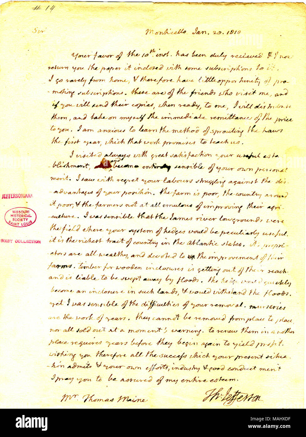 Restituisce la principale carta con alcuni abbonamenti. Jefferson afferma che è ansioso di imparare il metodo di germogliazione haws e ritiene che il principale sistema sarebbe utile nel fiume James low-motivi. Titolo: lettera firmata Thomas Jefferson, Monticello, di Thomas Main, Gennaio 20, 1810 . Il 20 gennaio 1810. Jefferson, Thomas, 1743-1826 Foto Stock