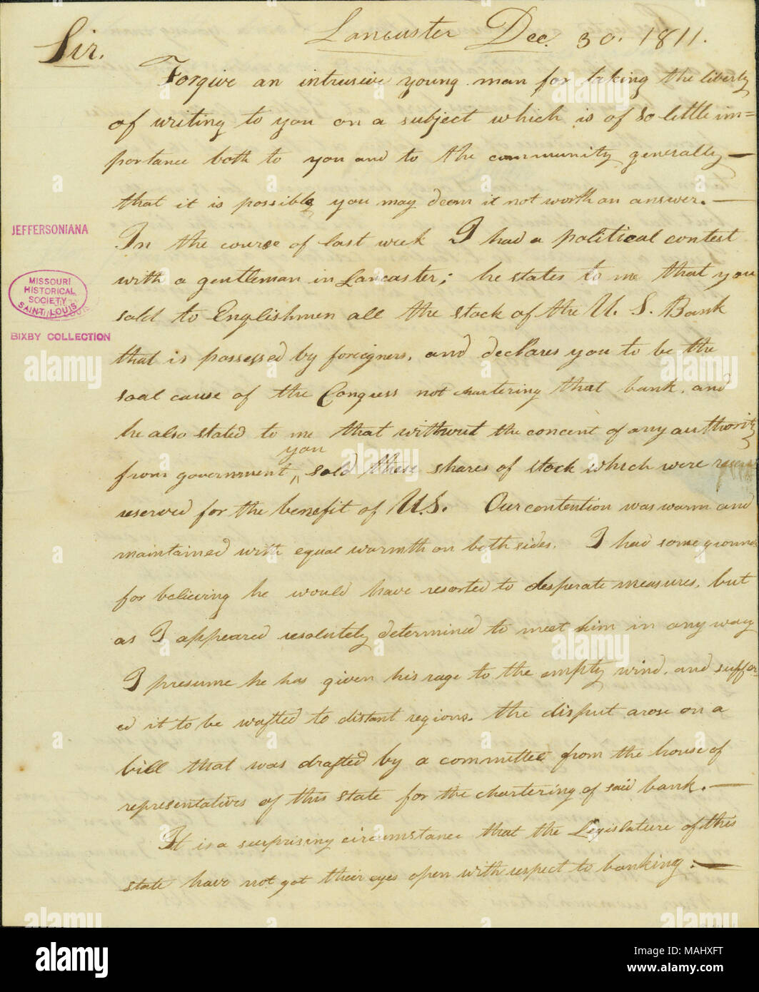 Chiede se Jefferson ha venduto all'inglese tutto lo stock di U. S. banca che era posseduto da stranieri e senza il consenso delle autorità. Titolo: lettera firmata Andrew Logan, Lancaster, a Thomas Jefferson, Monticello, Virginia, Dicembre 30, 1811 . Il 30 dicembre 1811. Logan, Andrew Foto Stock