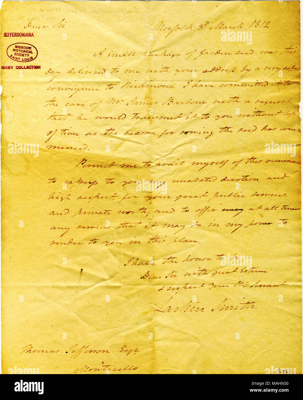 Membri che egli ha inviato un piccolo pacchetto di giardino semi nella cura di James Barber a consegnare al Jefferson. Titolo: lettera firmata Larkin Smith, Norfolk, di Thomas Jefferson, 3 marzo 1812 . Il 3 marzo 1812. Smith, Larkin Foto Stock