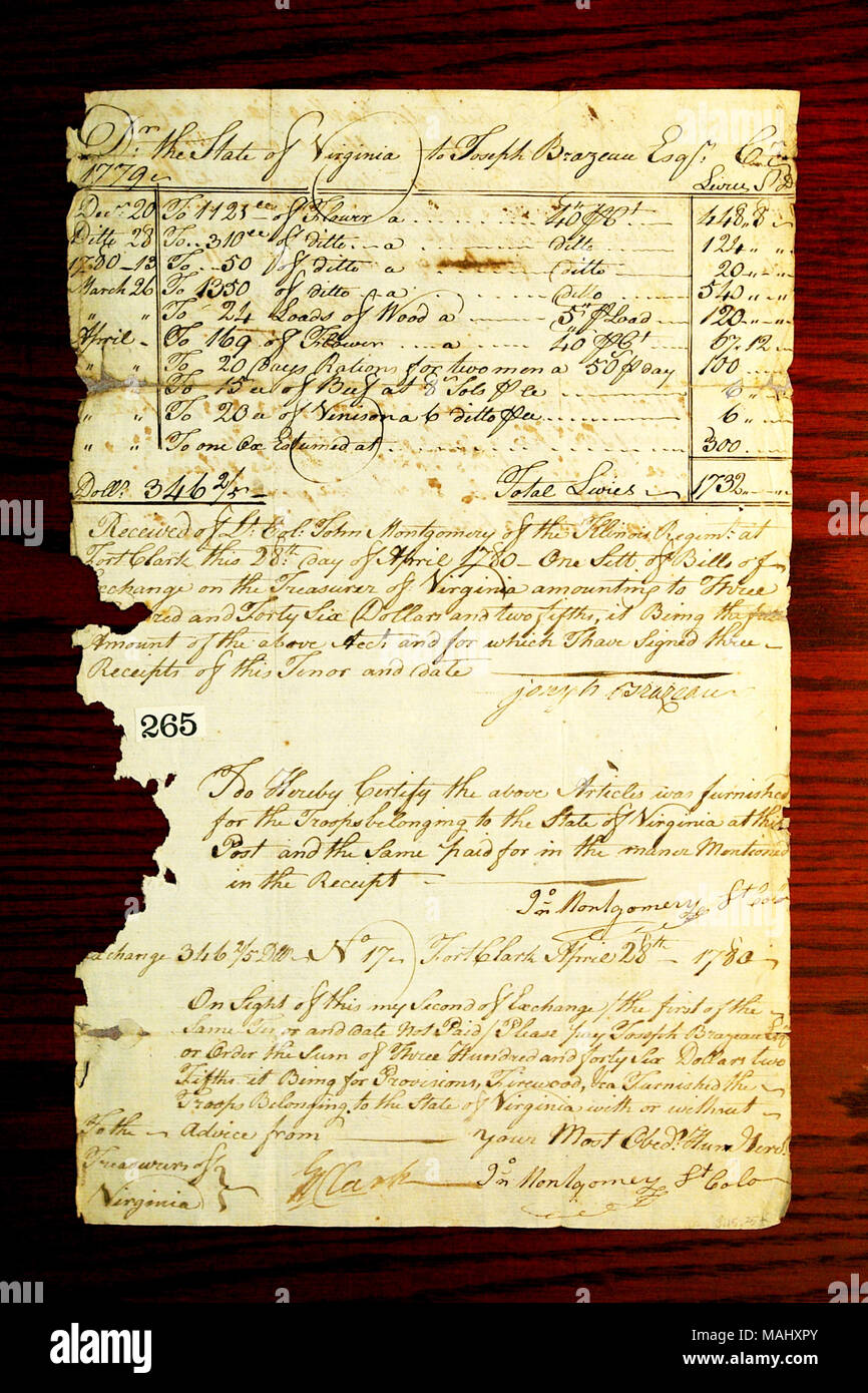 Certificazioni e ricevute, controfirmata da George Rogers Clark. Titolo: Legge dello Stato della Virginia per forniture, quietanzate a John Montgomery, firmato da Joseph Brazeau, 28 aprile 1780 . Il 28 aprile 1780. Foto Stock