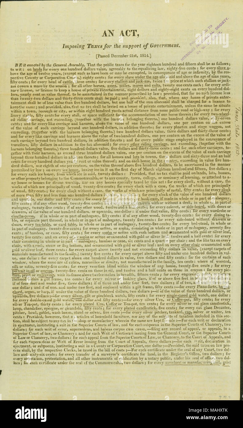 'Un atto, imponendo tasse per il sostegno del governo,' passato, Dicembre 21st, 1814, con Jefferson la notazione "imposte. Stato. 1815." Titolo: stampata in atto in materia di tasse governative, 1815 . 1815. Foto Stock