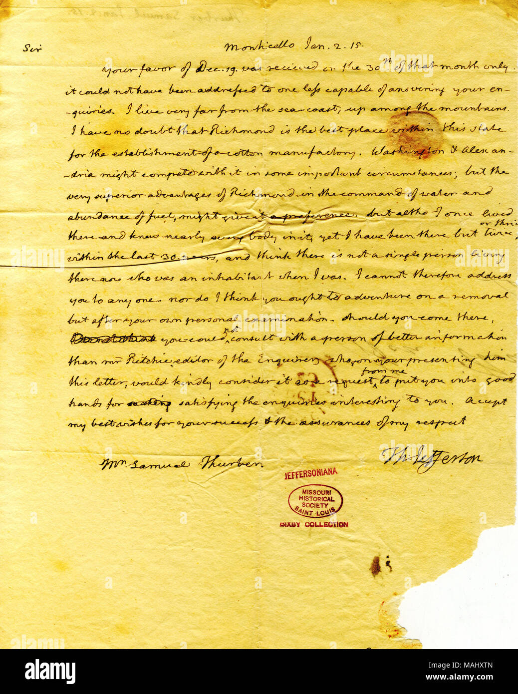 Membri che Richmond è il miglior posto all'interno dello Stato per la creazione di una fabbrica di cotone. Jefferson ritiene che Thurber dovrebbero visitare Richmond personalmente. Titolo: Lettera da Thomas Jefferson, Monticello, Samuel Thurber, 2 gennaio 1815 . Il 2 gennaio 1815. Jefferson, Thomas, 1743-1826 Foto Stock