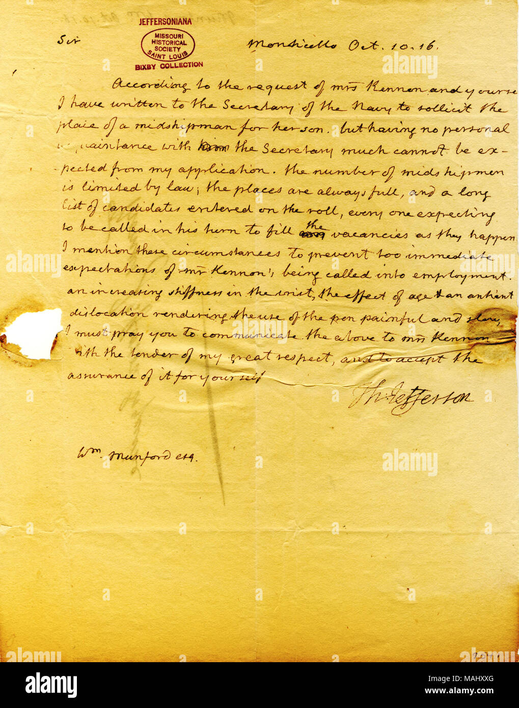 Per quanto riguarda la domanda del sig. Kennon per la posizione di guardiamarina. Titolo: lettera firmata Thomas Jefferson, Monticello, a William Munford, Ottobre 10, 1816 . Il 10 ottobre 1816. Jefferson, Thomas, 1743-1826 Foto Stock