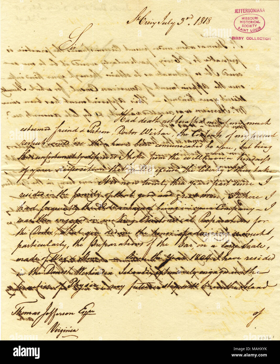 Richiede la posizione del console americano in San Tommaso. Titolo: lettera firmata William S. Jacobs, M.D., St. Croix, di Thomas Jefferson, Virginia, 3 luglio 1818 . Il 3 luglio 1818. Jacobs, William S. Foto Stock