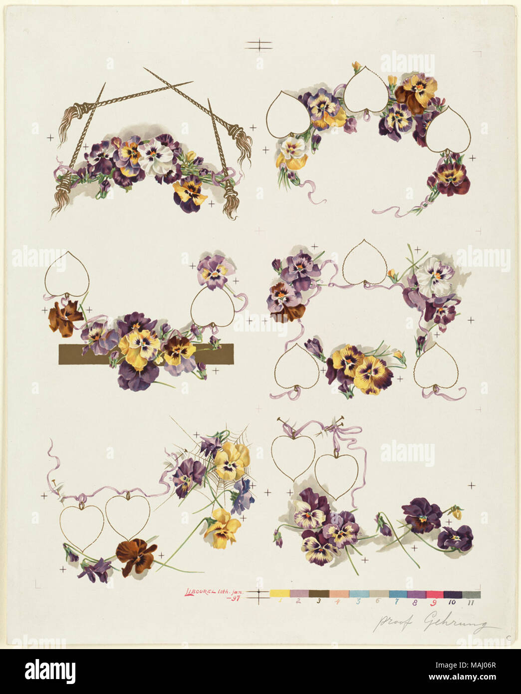 Nome file: 07 11 001232 Titolo: sei gruppi di Pansies in disposizione decorativo creatore/collaboratore: L. Prang & Co. (Editore) Data di pubblicazione: 1861-1897 (approssimativo) descrizione fisica nota: stampa di prova Genere: Chromolithographs; ancora vita stampe; illustrazioni; prove Note: Titolo fornito da cataloger. Posizione: Boston Public Library su 2011-08-04: Fotocamera: Sinar AG Sinarback 54 FW, Sinar m Foto Stock