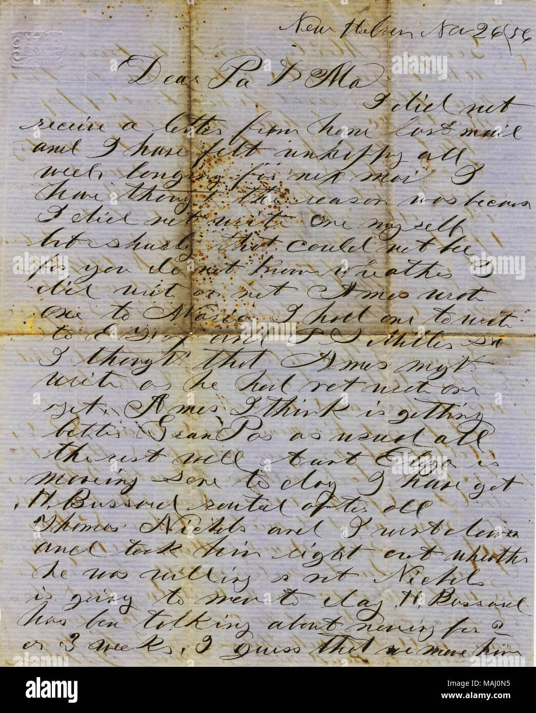 Parla di notizie in famiglia e i suoi affari. Titolo: Lettera da Thomas S. Hawley, Nuova Hebron, Illinois, ai genitori, 26 novembre 1856 . Il 26 novembre 1856. Hawley, Thomas S., 1837-1918 Foto Stock