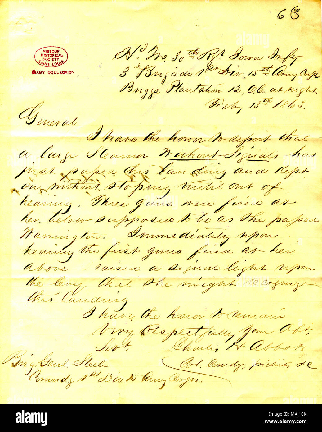 " Ho l'onore di riferire che un grande sistema di cottura a vapore senza segnali ha appena superato questo sbarco e mantenuta su senza sosta fino a fuori di audizione. Tre cannoni erano sparate al suo...' (include la nota del General Sherman a Porter per quanto riguarda il passaggio della Indianola.) Titolo: Lettera da Charles H. Abbott, sede centrale, trentesimo Iowa fanteria, 3° Brigata, 1° Divisione xv Esercito, Briggs piantagione di Brigadiere Generale Steele, 13 febbraio 1863 . Il 13 febbraio 1863. Abbott, Charles H. Foto Stock