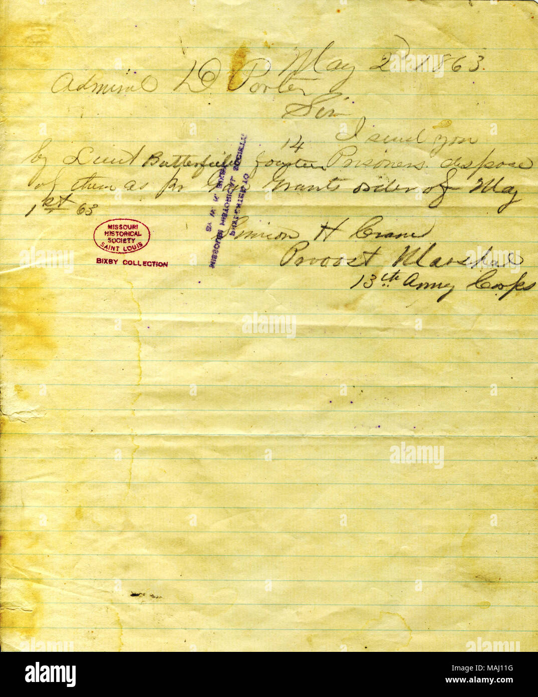Membri, "io mando voi da Lieut. Butterfield quattordici prigionieri. Disporre di loro come per gen. concedere l'ordine del 1 maggio 1863." Titolo: nota da Simeone H. Gru, provost marshal, xiii esercito, a [David D.] Porter, 2 maggio 1863 . Il 2 maggio 1863. Gru, Simeone H. Foto Stock