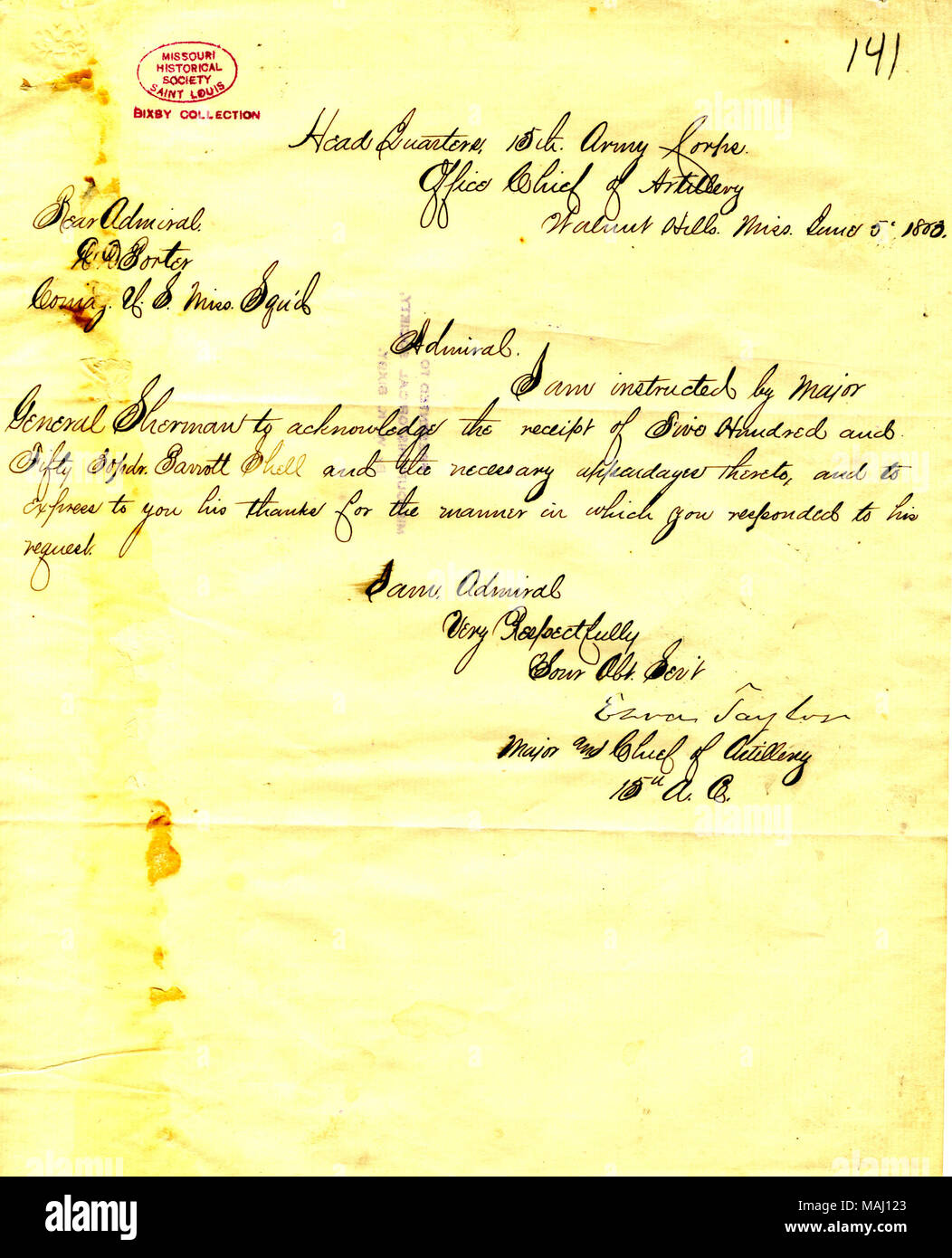 Estende il grazie del General Sherman a Porter per arredare le munizioni ha richiesto. Titolo: nota da Ezra Taylor, sede centrale, xv Esercito, Capo Ufficio di artiglieria, a [David D.] Porter, Giugno 5, 1863 . Il 5 giugno 1863. Taylor, Esdra Foto Stock
