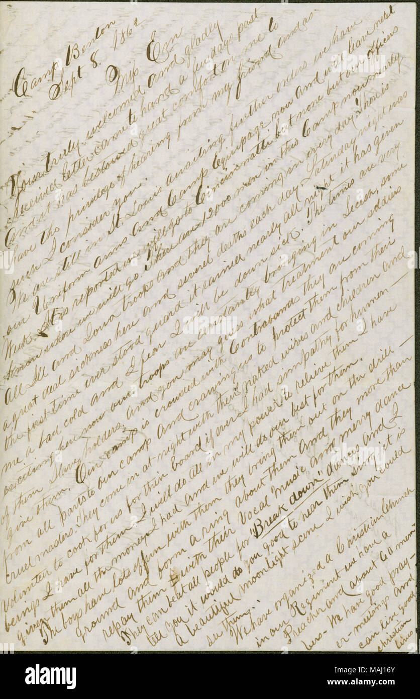 Fornisce un account di contrabands a Benton caserma. La trascrizione:Camp Benton sett 8 1862 Miss Em Yours Truly accolto e ricevuto volentieri lettera è venuto a portata di mano un paio di giorni passati e ha conferito grande comfort su di me per avere il privilegio di ascoltare dal mio amico e come tale che la considero. Siamo ancora a san Luigi in attesa di ulteriori ordini abbiamo la nostra Unione bracci e Camp Equipage ora e lascerà la prossima settimana. È riportato andremo a Cincinnatti[Cincinnati] ma nessuno ma i nostri funzionari sanno dove andremo a finire. Ci sono 12.000 uomini in questo campo ora quasi tutti i malati e Iowa truppe e sono venuta Foto Stock