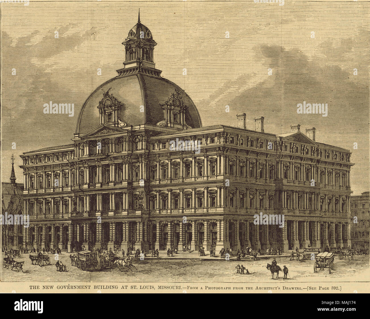 Titolo: Il nuovo palazzo del governo a St. Louis, Missouri [Custom House e Post Office]. Occupa l'intero blocco tra l ottavo e il nono di strade e di olio d'oliva e di strade di locusta. Costruzione completata nel 1884. . 9 maggio 1874. Harper's Weekly Foto Stock