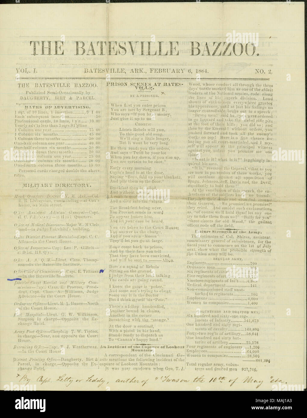 Include la relazione di un incidente alla cattura di Lookout Mountain, una proclamazione per i cittadini del nord Arkansas in materia di lealtà nei confronti dell'Unione, una poesia, e notizie locali. Titolo: problema quotidiano di Batesville Bazzoo, 6 febbraio 1864 . 6 febbraio 1864. Batesville Bazoo (Batesville, Arca). Foto Stock