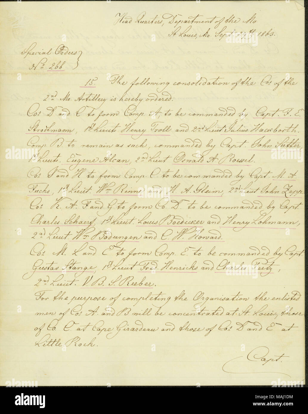 Per quanto riguarda il consolidamento delle imprese del 2° Missouri Artiglieria di luce (unione). Trascrizione: capo quarti, Dipartimento del Mo St Louis, Mo. sett. 29 1863. Ordini speciali } n. 266 } 15. Il successivo consolidamento del Cos del 2° Mo. artiglieria è ordinato. Cos D e C formano Comp A, ad essere comandato dalla Capt. F.E. Strodtmann[Giovanni Emil Stradtman?], 1° Lieuts Henry Troll e 2° Lieut Julius Hackborth[Julius Hackbarth?] Comp B. a rimanere come tale, comandata da Capt. John Sutter[John Jacob Sutter], 1s Lieuts. Eugene Alcan, 2° Lieut Oswald A. Roessel. Cos J e H per formare Comp Foto Stock