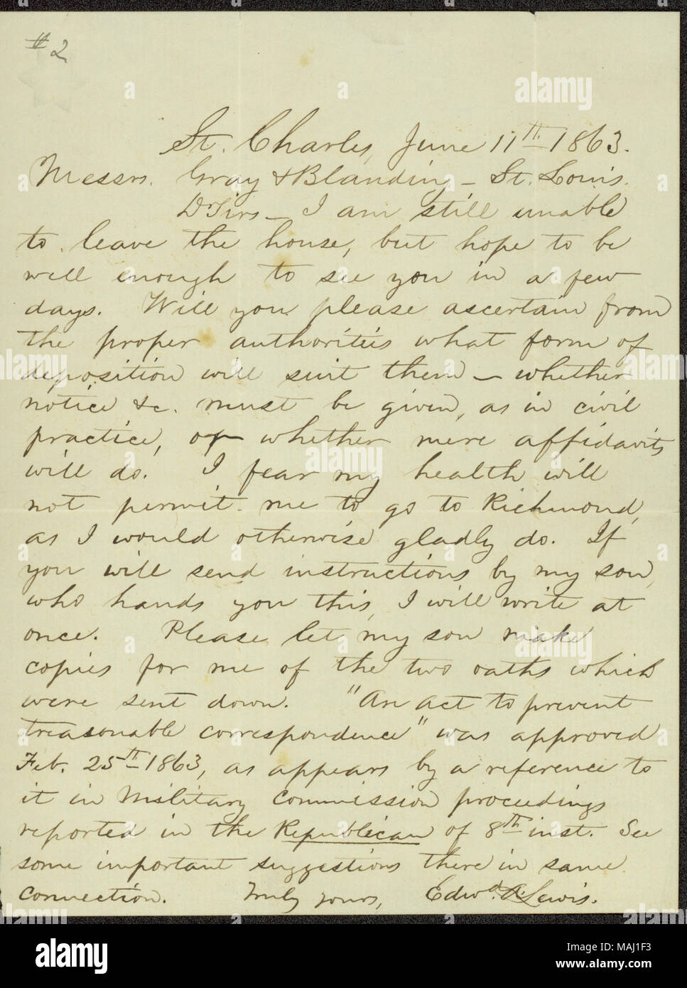 Per quanto riguarda la sua deposizione per la Milton B. Bransford prova. Trascrizione: San Carlo, 11 giugno 1863. I sigg. Gray & Blanding ? San Luigi. Dr Sirs ? Io sono ancora in grado di lasciare la casa, ma spero di essere abbastanza bene da vedere in pochi giorni. Si prega di verificare dalle autorità competenti quale forma di deposizione si adatta a loro ? Se avviso [etc]. deve essere determinato come in pratica civile, o se solo gli affidavit farà. Temo che la mia salute non mi consente di andare a Richmond, come ho altrimenti sarebbe lieto di fare. Se si desidera inviare le istruzioni da mio figlio, che mani è questo, mi scrivere a Foto Stock