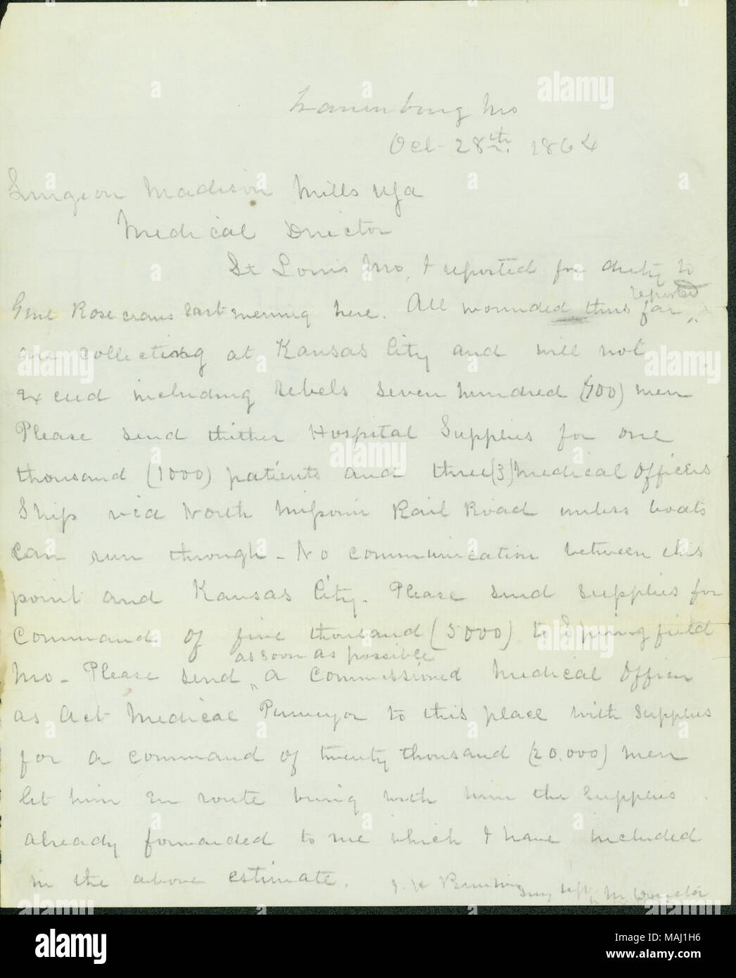 Le richieste di forniture mediche essere inviato a Kansas City, Missouri, e Springfield, Missouri. Trascrizione: Warresnsburg Mo Oct 28th 1864 chirurgo Madison Mills Ufa Direttore Medico St Louis Mo, ho segnalato per dovere di Genl Rosecrans ultima sera qui. Tutti i feriti finora riportati sono la raccolta di Kansas City e non supererà i ribelli compresi sette cento (700) Gli uomini si prega di inviare laggiù Forniture ospedaliere per mille (1000) i pazienti e tre (3) ufficiali medici nave attraverso il nord del Missouri Rail Road a meno che le barche possono eseguire attraverso ? Nessuna comunicazione tra questo punto e Kansas City. Si prega di Foto Stock