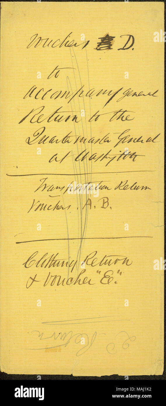 La scrittura indica che la busta conteneva buoni per accompagnare generale ritorno all'intendente generale. Titolo: la busta per i voucher, 1861-1865 . tra 1861 e 1865. Foto Stock