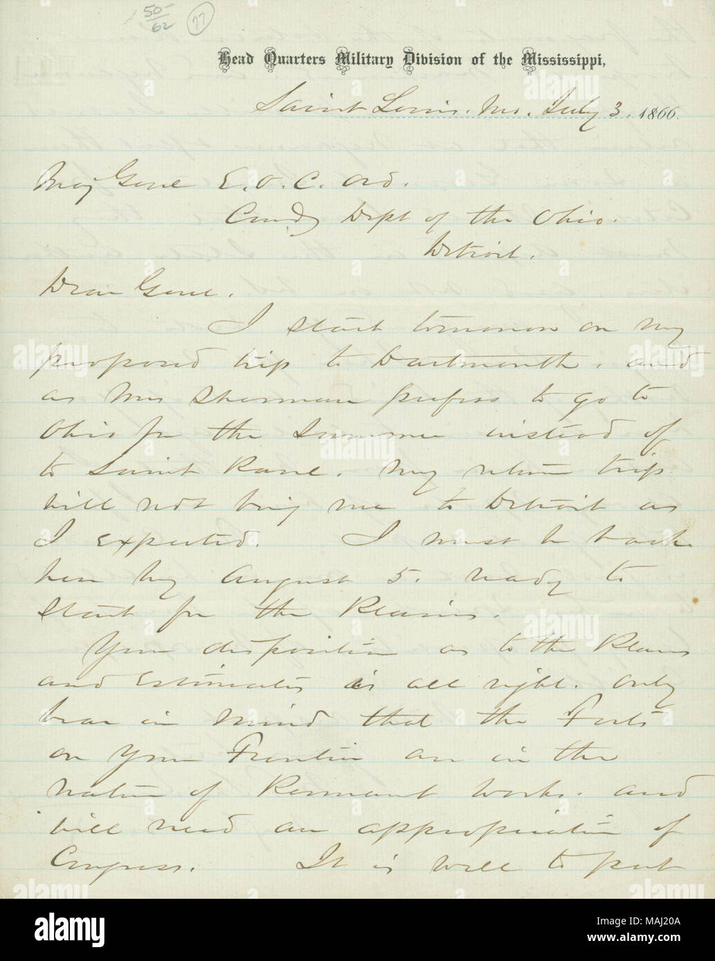 Notifica Ord che egli non potrà visitare Detroit come previsto. Dà suggerimenti a Ord in materia di appropriarsi dei fondi per il rinnovamento di forti nella regione dei Grandi Laghi. Titolo: lettera firmata W.T. Sherman, capo quarti divisione militare del Mississippi, Saint Louis, Missouri, a maggiore generale E.O.C. Ord, Comd. Dipartimento dell'Ohio, Detroit, 3 luglio 1866 . Il 3 luglio 1866. Sherman, William T. (William Tecumseh), 1820-1891 Foto Stock