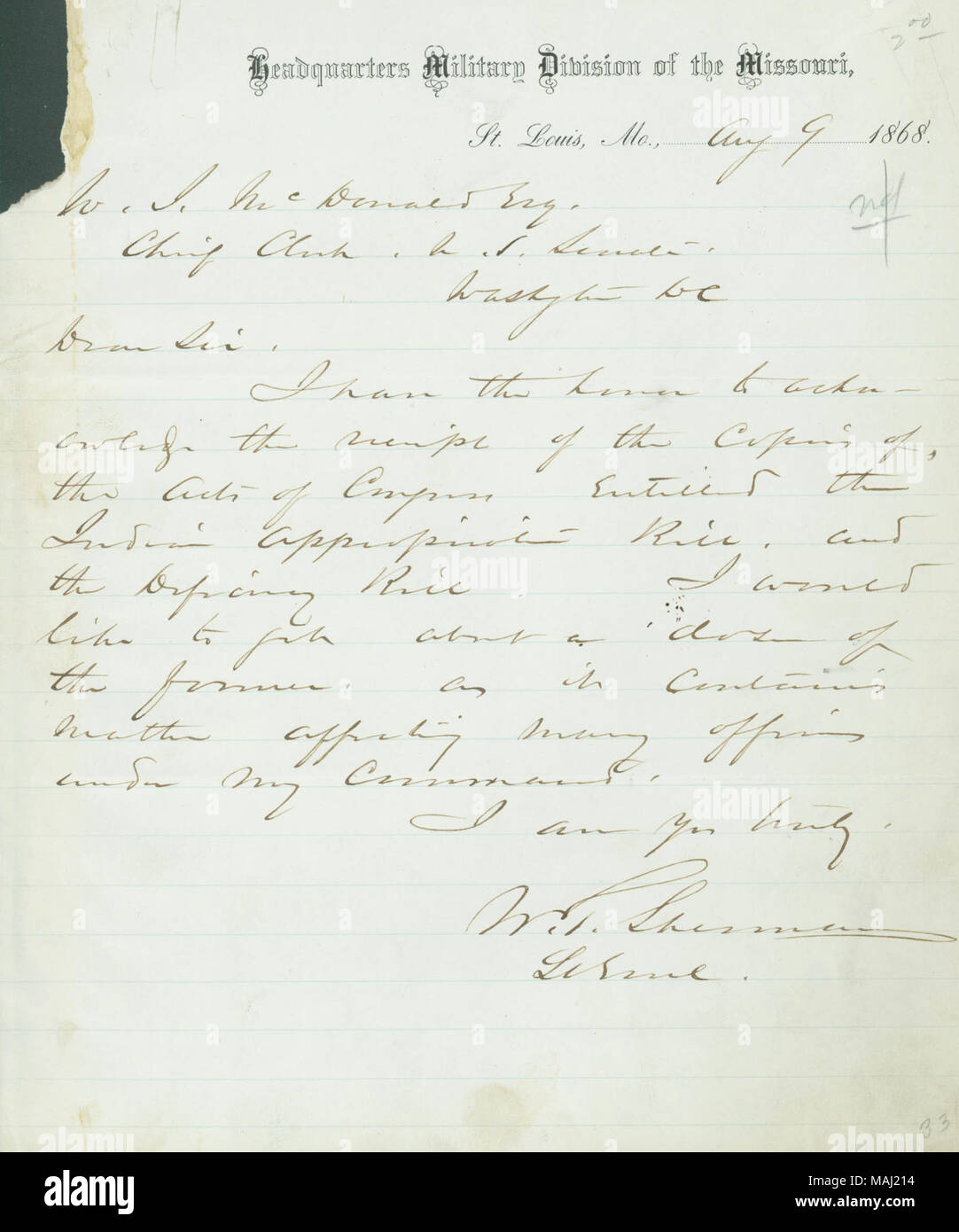 Riconosce la ricezione delle copie degli stanziamenti indiano Bill e carenza di Bill. Titolo: lettera firmata W.T. Sherman, sede divisione militare del Missouri, St. Louis, Missouri, W.I. McDonald, Chief Clerk U. S. Senato, Washington D.C., 9 agosto 1868 . Il 9 agosto 1868. Sherman, William T. (William Tecumseh), 1820-1891 Foto Stock