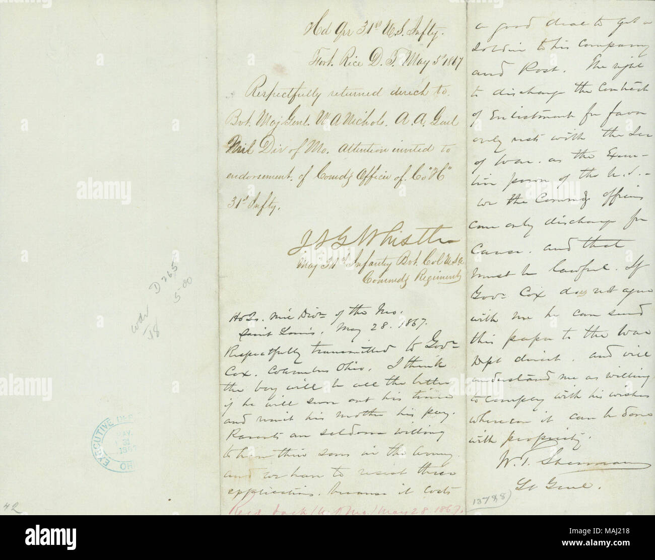 Per quanto riguarda il comandante della compagnia H, 31 di fanteria, e William T. Sherman della risposta spiegando che sarebbe meglio per consentire a Whistler's figlio per terminare il suo servizio nell'esercito di chiedere per un inizio di scarica. Titolo: lettera firmata J.J.G. Whistler, Fort Riso, territorio Dakota, W.A. Nichols, 5 maggio 1867 . Il 5 maggio 1867. Whistler, J.J.G. Foto Stock