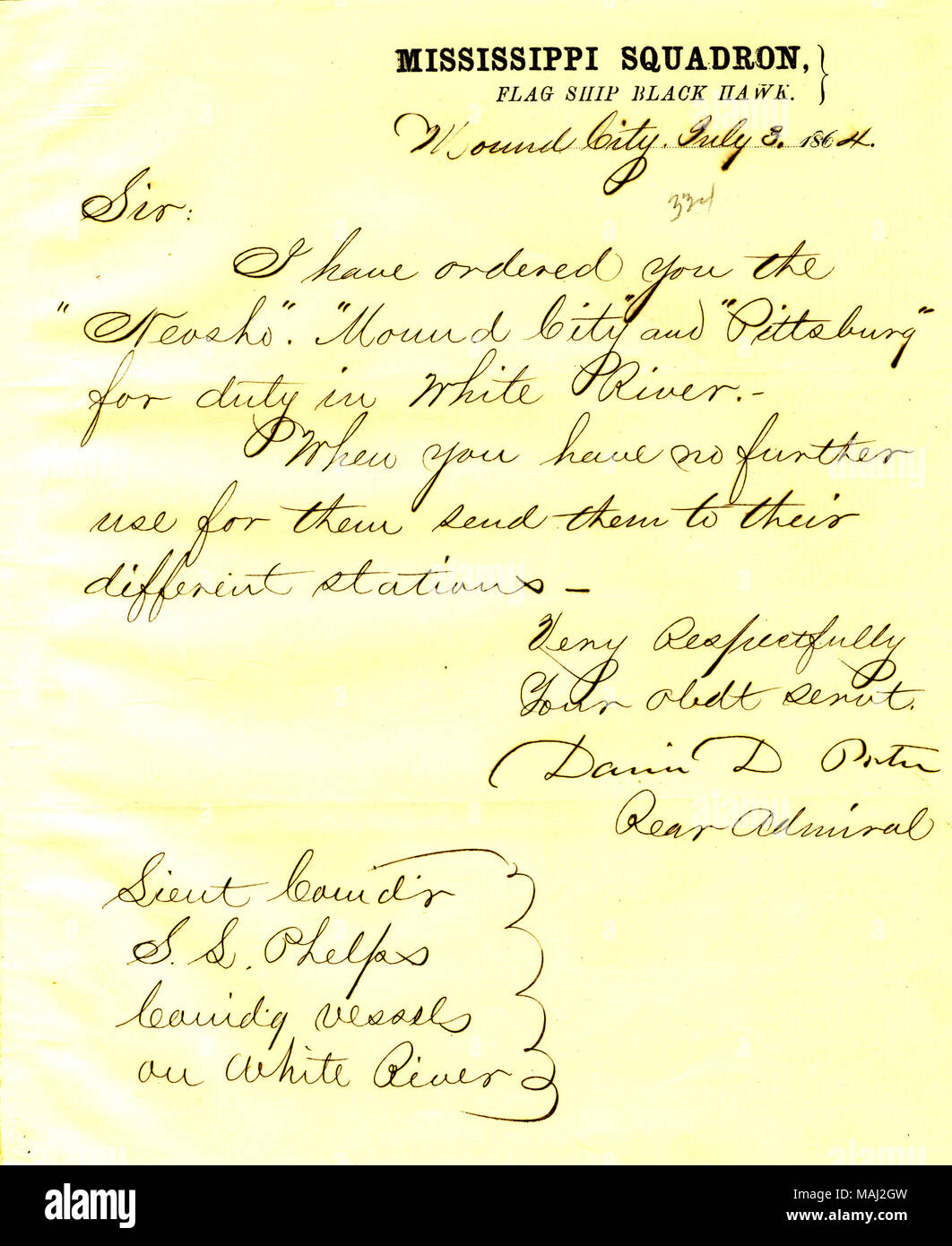 Titolo: Lettera da David D. Porter, U. S. S. Black Hawk, Mound City, Illinois, a [Seth Ledyard] Phelps, comandando le navi sul Fiume Bianco, 3 luglio 1864 . Il 3 luglio 1864. Porter, David D. (David Dixon), 1813-1891 Foto Stock