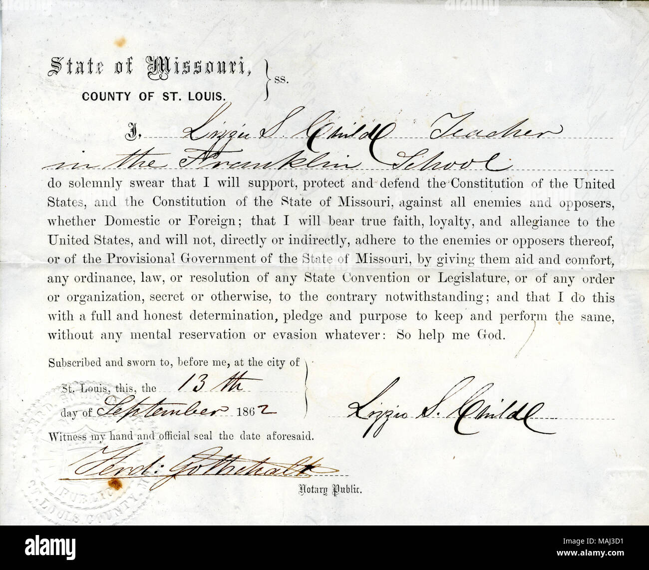 Giura di giuramento di fedeltà al Governo degli Stati Uniti e dello Stato del Missouri. Titolo: il giuramento di fedeltà di Lizzie S. Bambino del Missouri, nella contea di San Luigi . Il 23 settembre 1862. Bambino, L.S. Foto Stock
