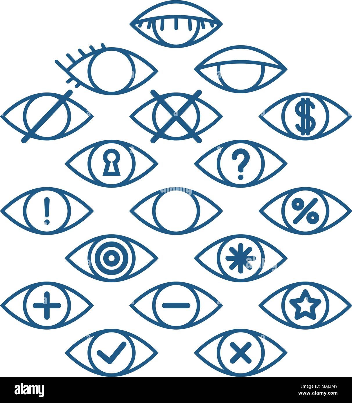 Le icone degli occhi per diverse azioni, set di contorno occhi pittogrammi, vettore icone di funzionamento Illustrazione Vettoriale