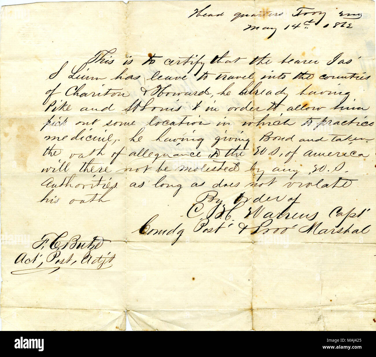 Linn concede il permesso per viaggiare nelle contee di Chariton e Howard, Missouri. Titolo: pass militare di James S. Linn, firmato C.H. Warrens, capo quarti, Troy, Mo., 14 maggio 1862 . 14 maggio 1862. Warrens, C.H. Foto Stock