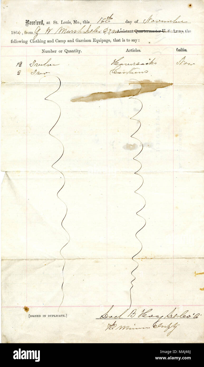 Ricevuto da Sead B. Heay, la società C, 7 Minnesota fanteria, dal tenente Z.W. Marsh, società D, 7° Fanteria Minnesota. Titolo: Ricevimento di capi di abbigliamento e di Camp e garrison equipage, 16 novembre 1864 . Il 16 novembre 1864. Heay, Sead B. Foto Stock