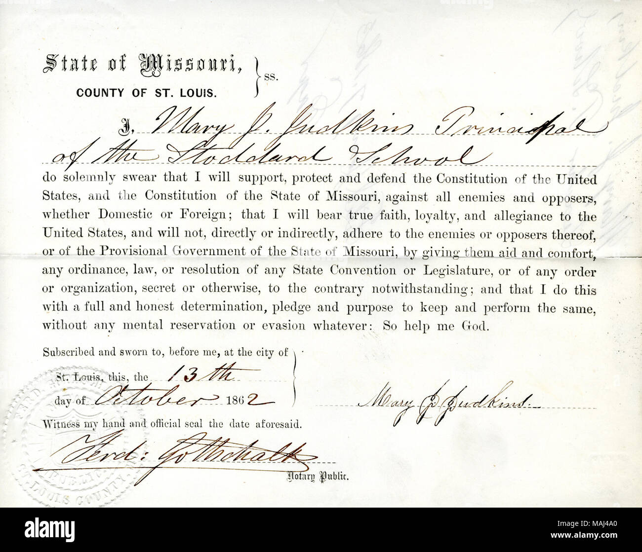 Giura di giuramento di fedeltà al Governo degli Stati Uniti e dello Stato del Missouri. Titolo: il giuramento di fedeltà di Maria J. Judkins del Missouri, Contea di St.Louis . Il 7 gennaio 1863. Judkins, M.J. Foto Stock