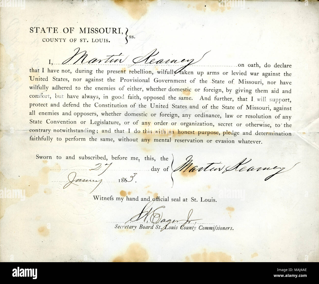 Giura di giuramento di fedeltà al Governo degli Stati Uniti e dello Stato del Missouri. Titolo: il giuramento di fedeltà di Martin Kearney del Missouri, Contea di St.Louis . Il 27 gennaio 1863. Kearney, M. Foto Stock