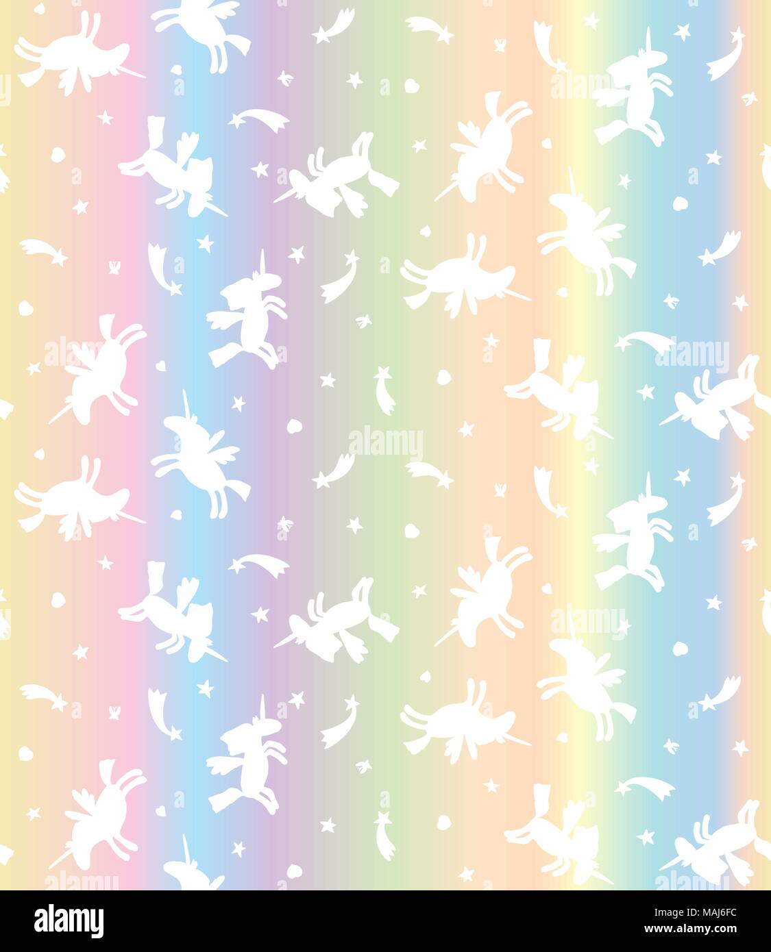 Vector seamless pattern di unicorns bianco pastello su sfondo arcobaleno. Cartoon unicorn texture Illustrazione Vettoriale