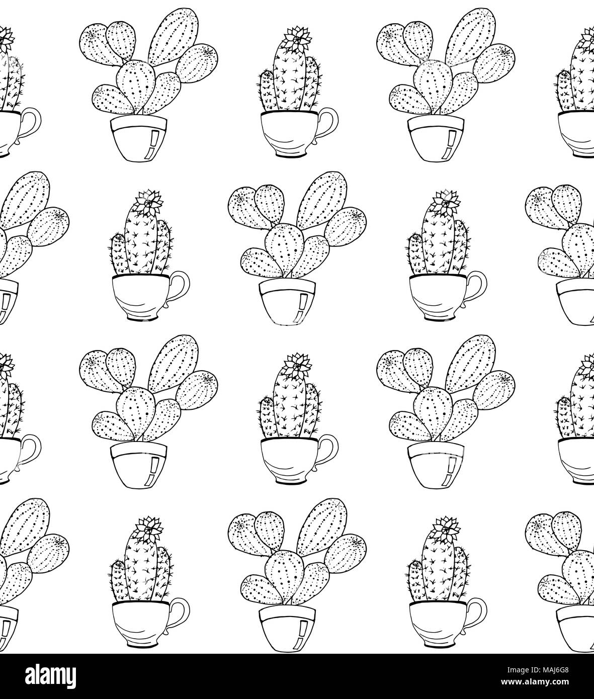 Vettore fiore di cactus sfondo. Modello senza soluzione di continuità con il cactus in pentola. Disegnato a mano la colorazione di cactus pagina prenota Illustrazione Vettoriale