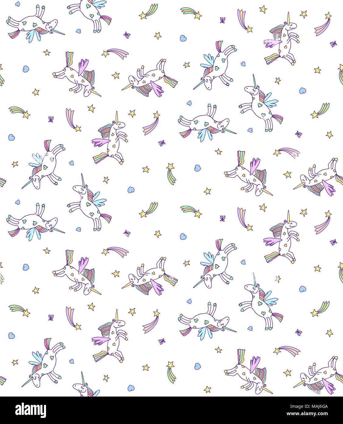 Vector seamless pattern di unicorns pastello su sfondo bianco. Cartoon unicorn texture Illustrazione Vettoriale