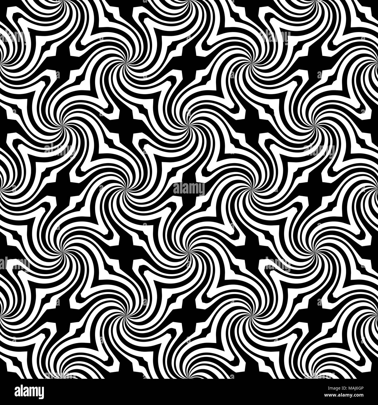 Vector sunburst seamless pattern con swirl e onda geometrica. Abstract di nero modello senza cuciture su sfondo bianco Illustrazione Vettoriale