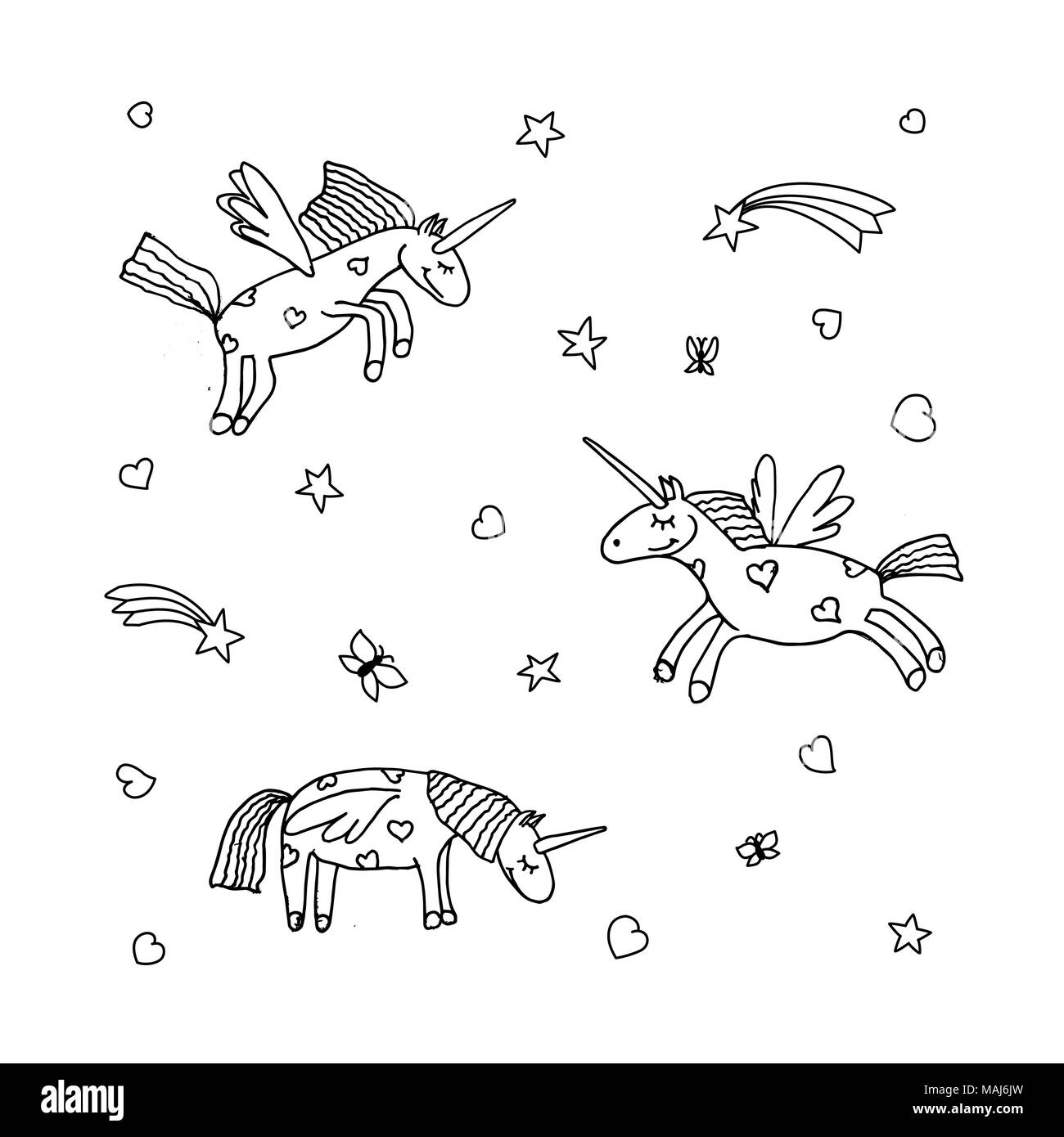 Set di vettore di Cartoon carino unicorn. Illustrazione di unicorns. Pagina di colorazione prenota Illustrazione Vettoriale