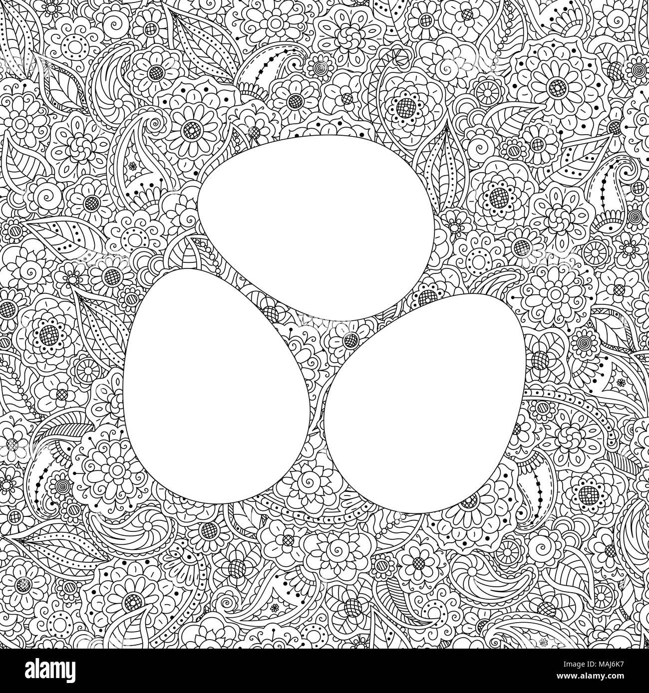 Vector seamless doodle sfondo. Pasqua scheda invito in tre uova forma. Colorazione floreali pagina prenota anti stress per pazienti adulti Illustrazione Vettoriale