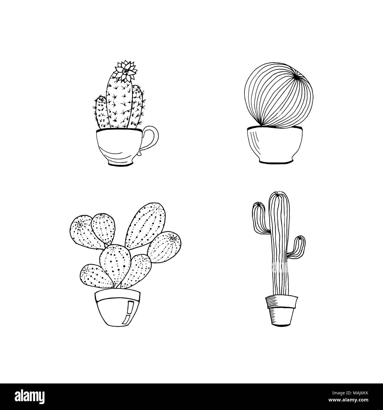 Set di vettore di disegnati a mano cactus nel pot. Cartoon cactus. Colorin page prenota da cactus Illustrazione Vettoriale