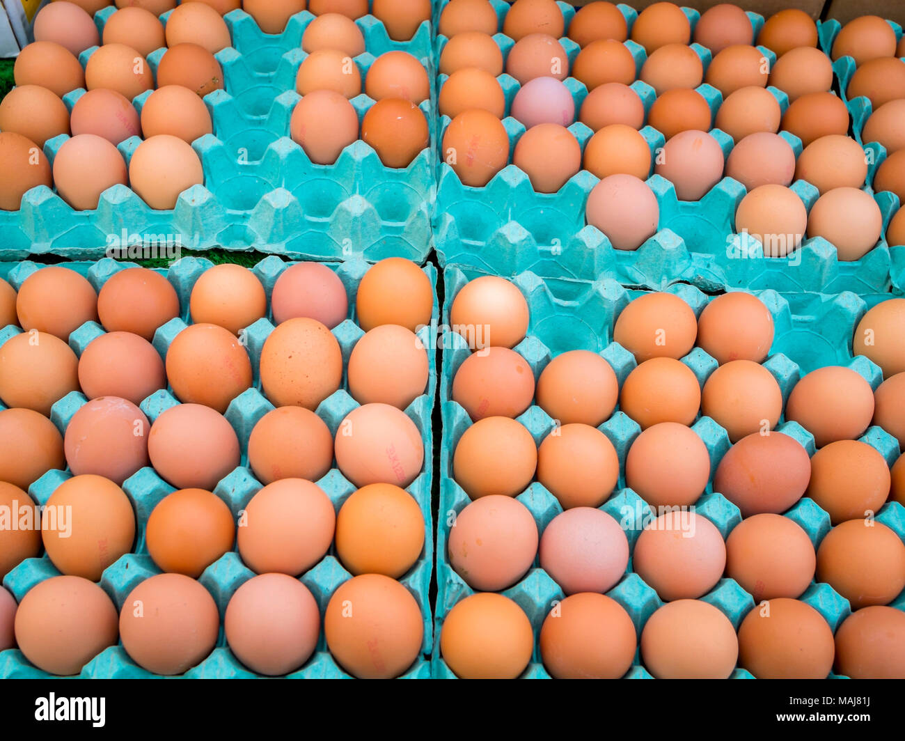 Brown Hen's uova sul display per la vendita in un mercato settimanale nel North Yorkshire Foto Stock