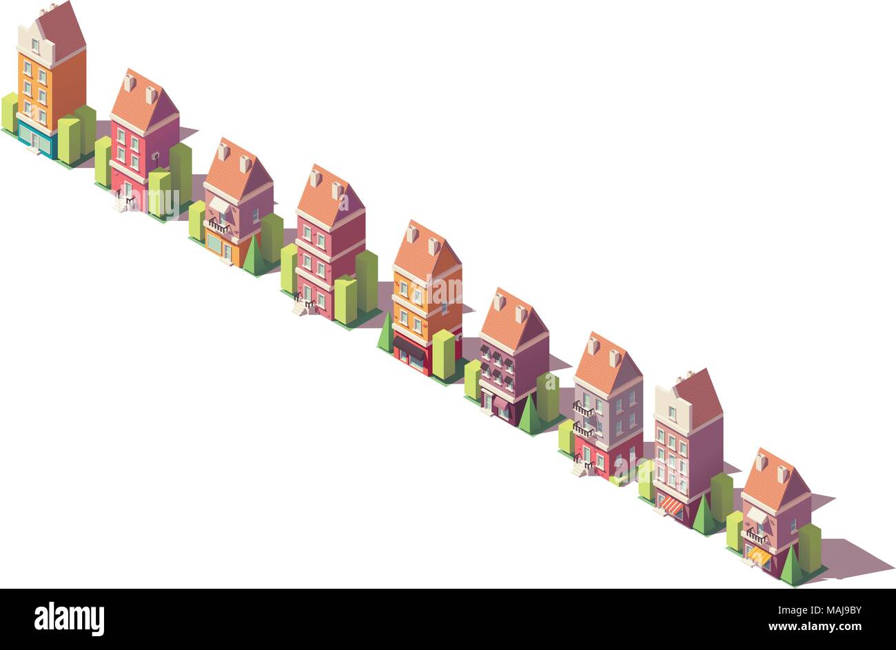 Vettore low poly isometrica edifici vecchi impostato Illustrazione Vettoriale
