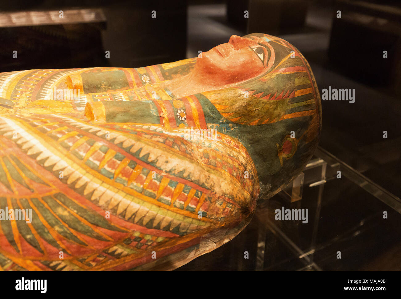 Antica mummia egizia caso di Bakenrenes, dal terzo periodo intermedio, Dynasty 25, dall'antico Egitto; a Houston Museo di Scienza Naturale, Texas Foto Stock